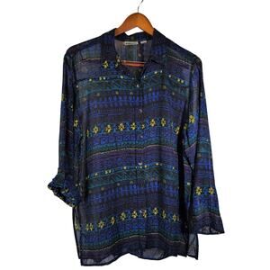 Chico's Design 2 VTG Sheer Navy Purple Print Button Down Roll Tab sleeve Blouse